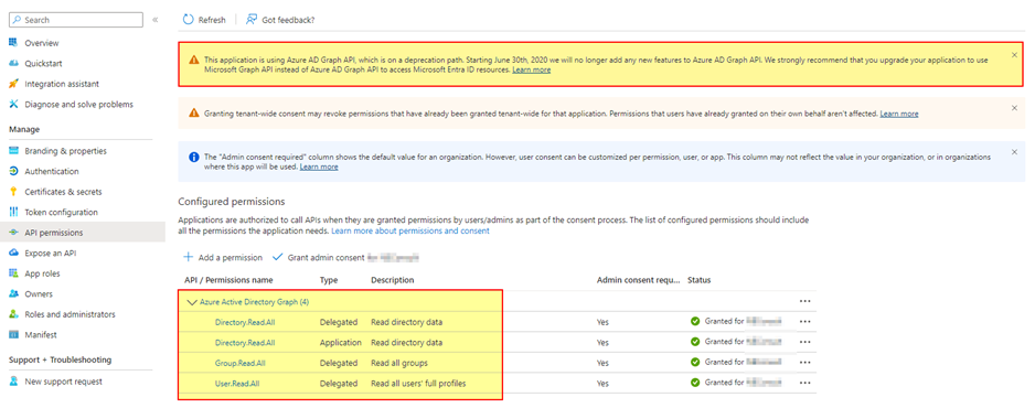 API permissions of an App registration showing the deprecation notice