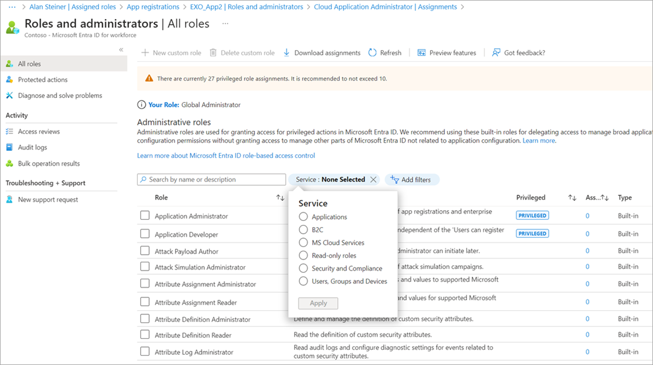 Figure 1 - Filter Microsoft Entra roles and admins by service - applications