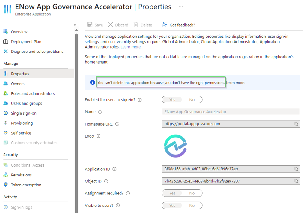 Figure 4 - Application Developer is restricted from changing some app properties that require elevated permissions