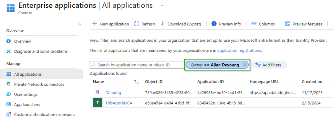 Figure 6 - List of Enterprise Apps owned by user Allan Deyoung