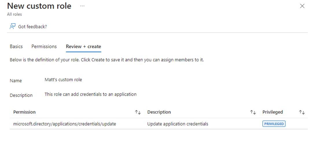 Figure 7 - Matts custom role with privileged permission