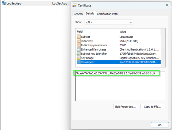 Validating the Thumbprint of a certificate in the Certificate Properties